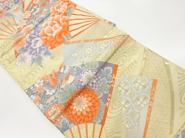 リサイクル　扇に花鳥・華紋模様織出し袋帯